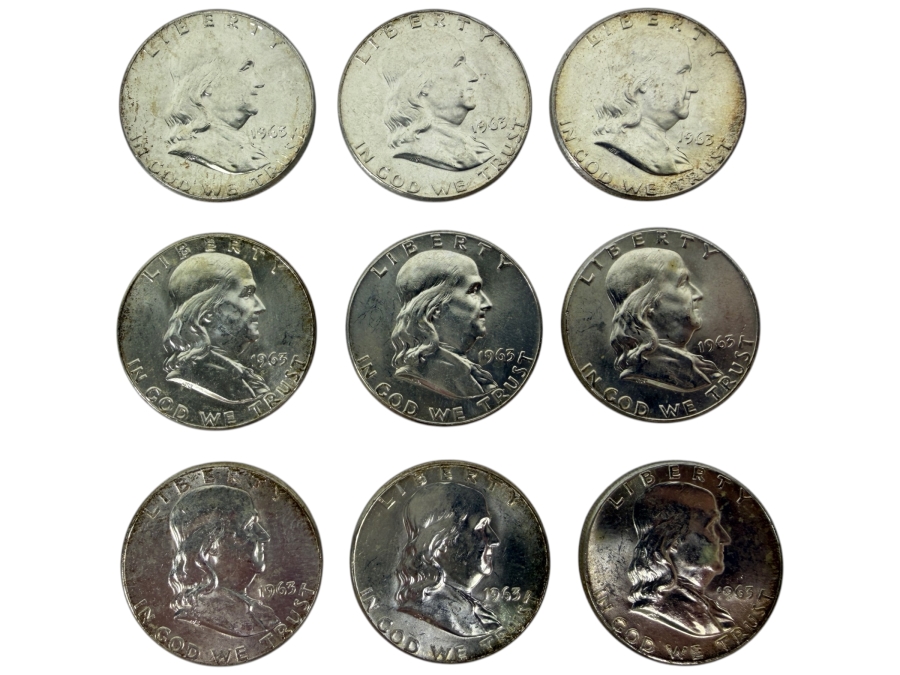 (9) Uncirculated 1963 US Franklin Half Dollars