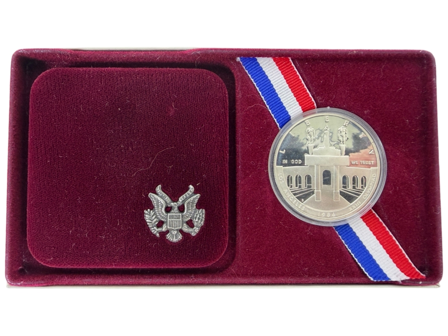 1984 Los Angeles Olympic Silver Dollar Proof Coin In Original Red Velvet Presentation Box