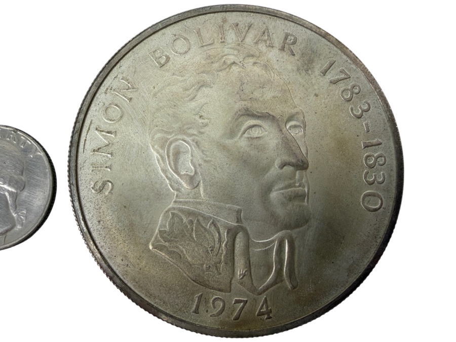 Large 2.5'W 1974 Panama 20 Balboas Simón Bolívar .925 Sterling Silver Commemorative Coin 130.6g