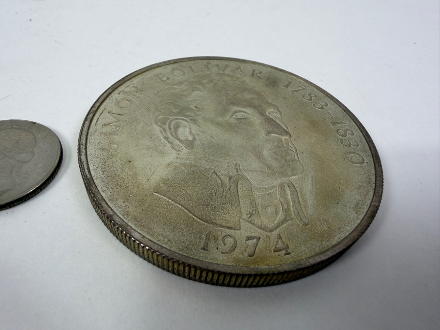 Large 2.5'W 1974 Panama 20 Balboas Simón Bolívar .925 Sterling Silver Commemorative Coin 130.6g [Photo 2]
