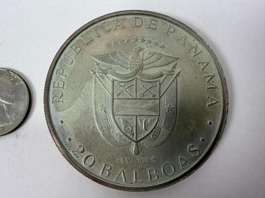 Large 2.5'W 1974 Panama 20 Balboas Simón Bolívar .925 Sterling Silver Commemorative Coin 130.6g [Photo 3]