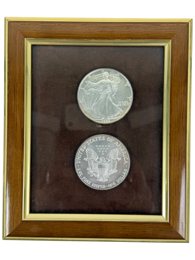 Pair Of Uncirculated 1990 American Silver Eagle Coins 99.9% Pure Silver Framed [Photo 2]