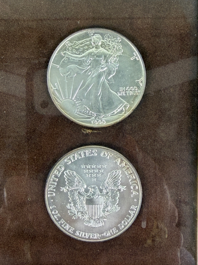 Pair Of Uncirculated 1990 American Silver Eagle Coins 99.9% Pure Silver Framed [Photo 3]