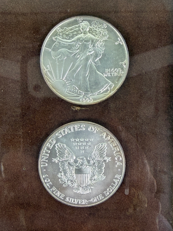 Pair Of Uncirculated 1990 American Silver Eagle Coins 99.9% Pure Silver Framed