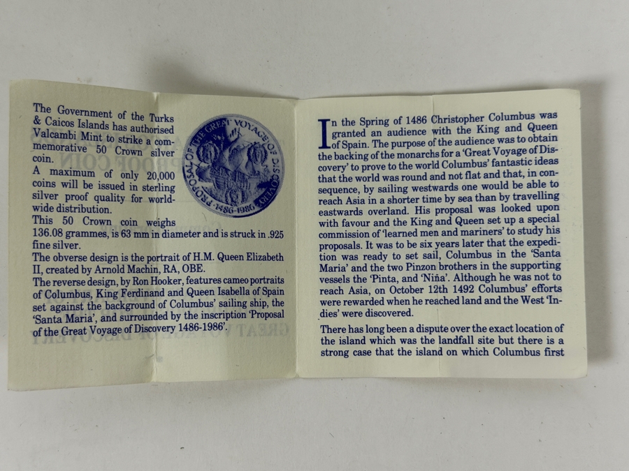 1986 Turks & Caicos Islands 50 Crowns Silver Proof Coin Limited Edition Christopher Columbus 136.08g [Photo 6]