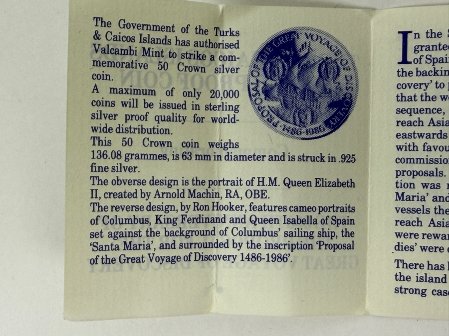 1986 Turks & Caicos Islands 50 Crowns Silver Proof Coin Limited Edition Christopher Columbus 136.08g [Photo 7]