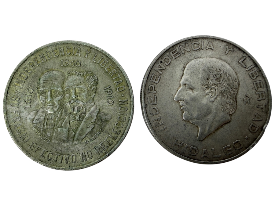 1960 Mexico Silver 10 Pesos Coin And 1956 Mexico 10 Pesos Hidalgo Silver Coin