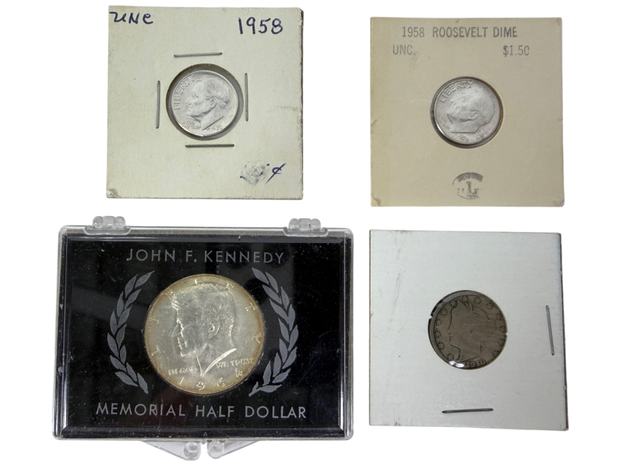 Uncirculated 1964 Kennedy Silver Half Dollar, (2) Uncirculated 1958 Silver Roosevelt Dime And (1) 1910 Liberty Head V Nickel