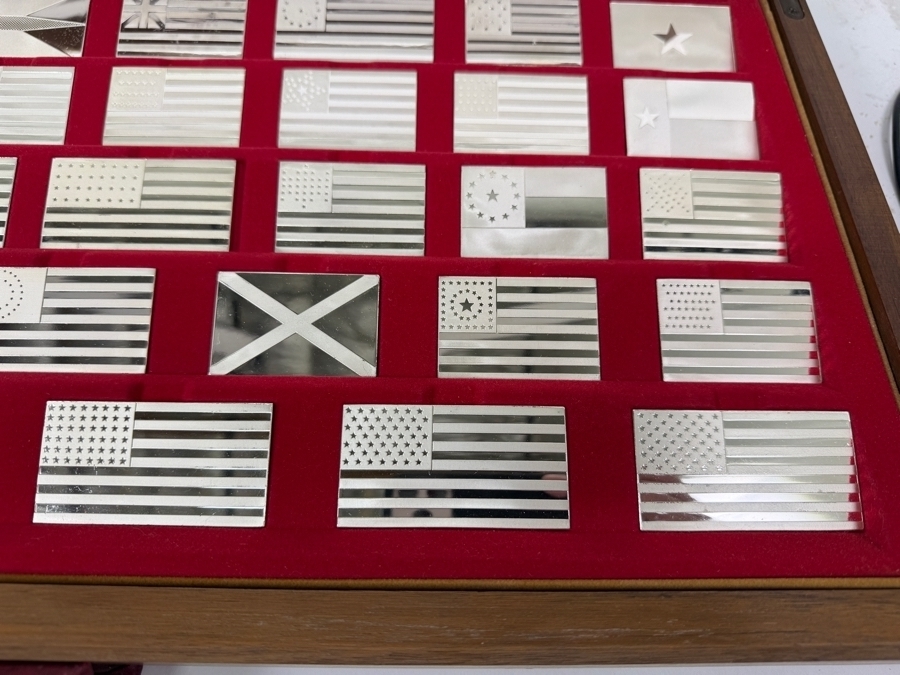 'The Great Flags Of America' Large Sterling Silver Ingot Set Struck By The Franklin Mint Featuring 42 Total United States Flag Sterling Silver Ingots Totaling 50,000 Grains (3,239.9g) Of Sterling Silver In A Walnut Display Case [$7,072 Silver Melt Value] [Photo 12]
