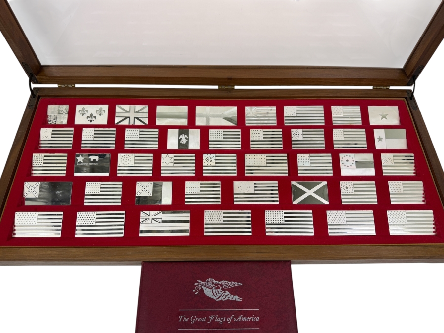 'The Great Flags Of America' Large Sterling Silver Ingot Set Struck By The Franklin Mint Featuring 42 Total United States Flag Sterling Silver Ingots Totaling 50,000 Grains (3,239.9g) Of Sterling Silver In A Walnut Display Case [$7,072 Silver Melt Value] [Photo 4]