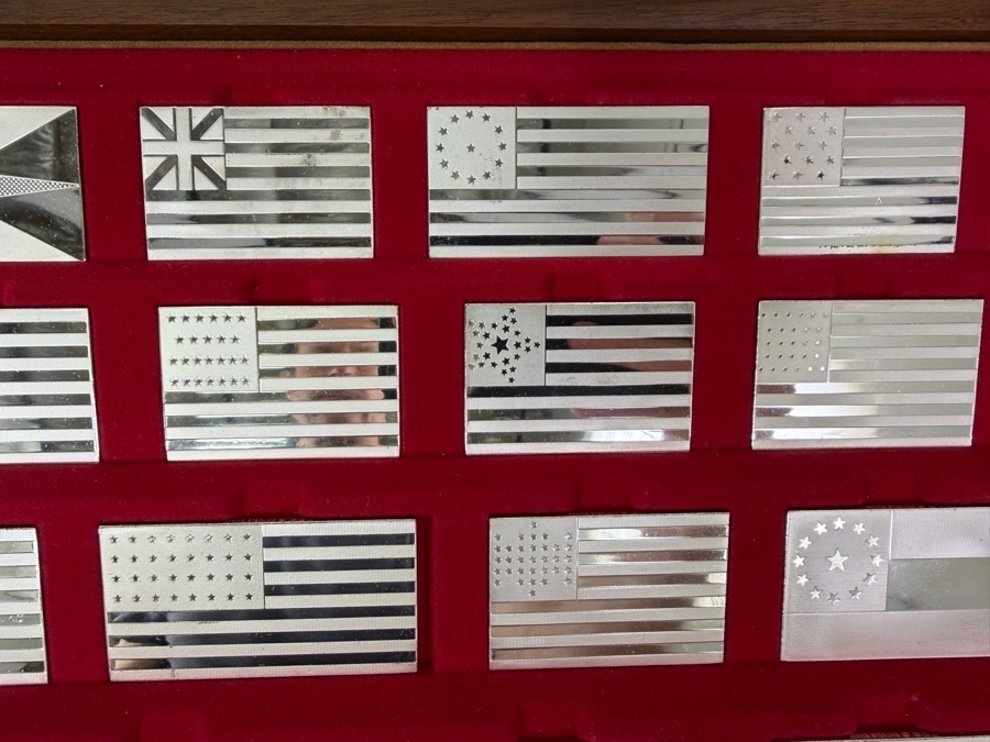 'The Great Flags Of America' Large Sterling Silver Ingot Set Struck By The Franklin Mint Featuring 42 Total United States Flag Sterling Silver Ingots Totaling 50,000 Grains (3,239.9g) Of Sterling Silver In A Walnut Display Case [$7,072 Silver Melt Value] [Photo 7]