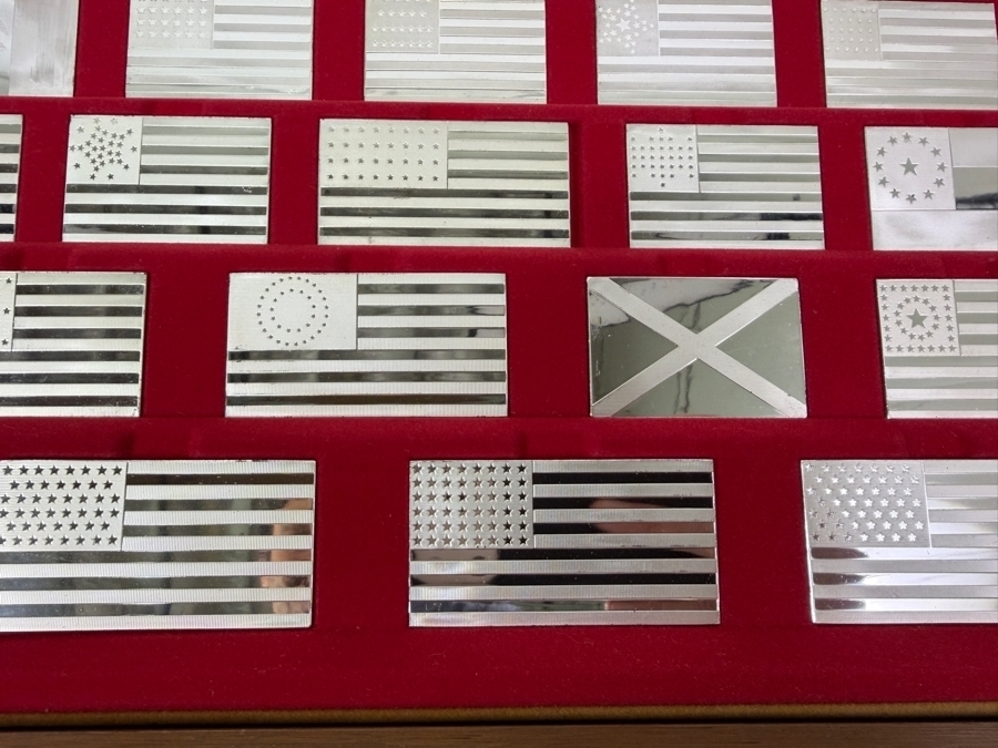 'The Great Flags Of America' Large Sterling Silver Ingot Set Struck By The Franklin Mint Featuring 42 Total United States Flag Sterling Silver Ingots Totaling 50,000 Grains (3,239.9g) Of Sterling Silver In A Walnut Display Case [$7,072 Silver Melt Value] [Photo 11]