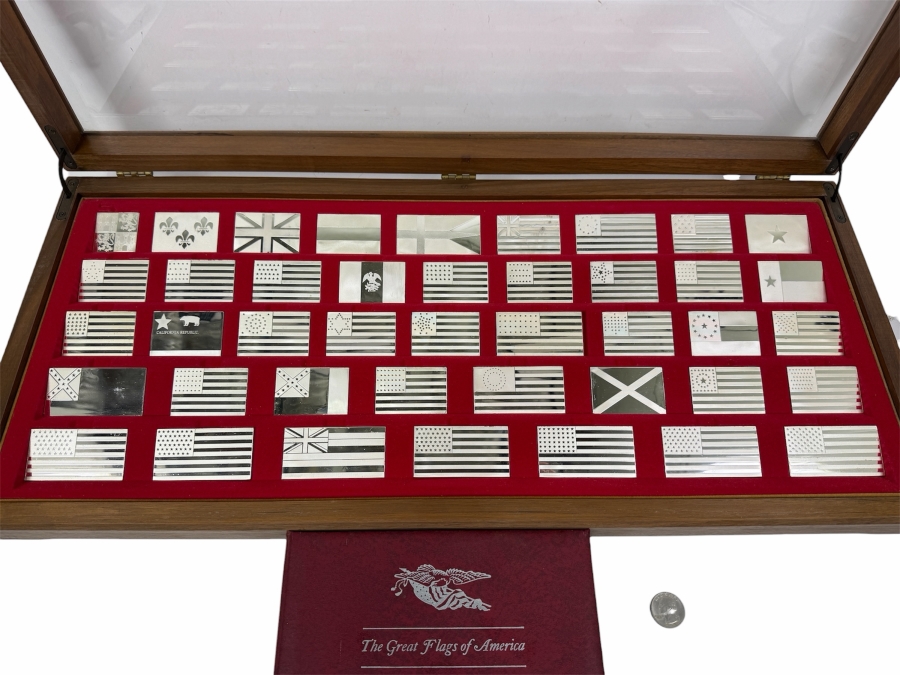 'The Great Flags Of America' Large Sterling Silver Ingot Set Struck By The Franklin Mint Featuring 42 Total United States Flag Sterling Silver Ingots Totaling 50,000 Grains (3,239.9g) Of Sterling Silver In A Walnut Display Case [$7,072 Silver Melt Value]