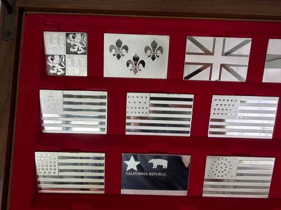 'The Great Flags Of America' Large Sterling Silver Ingot Set Struck By The Franklin Mint Featuring 42 Total United States Flag Sterling Silver Ingots Totaling 50,000 Grains (3,239.9g) Of Sterling Silver In A Walnut Display Case [$7,072 Silver Melt Value] [Photo 5]