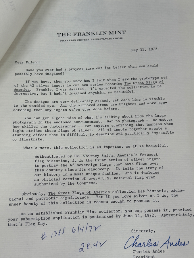 'The Great Flags Of America' Large Sterling Silver Ingot Set Struck By The Franklin Mint Featuring 42 Total United States Flag Sterling Silver Ingots Totaling 50,000 Grains (3,239.9g) Of Sterling Silver In A Walnut Display Case [$7,072 Silver Melt Value] [Photo 18]