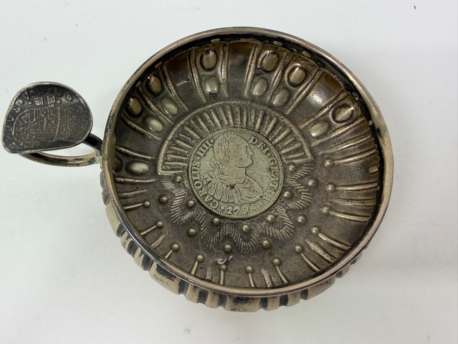 Spanish Silver Wine Taster Cup Tastevin Featuring A 1794 Carolus IIII Coin Inset In The Base 82.3g [Photo 3]