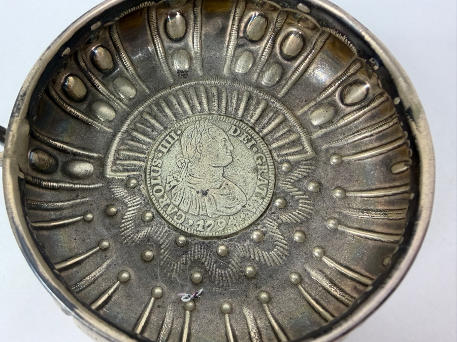 Spanish Silver Wine Taster Cup Tastevin Featuring A 1794 Carolus IIII Coin Inset In The Base 82.3g [Photo 4]
