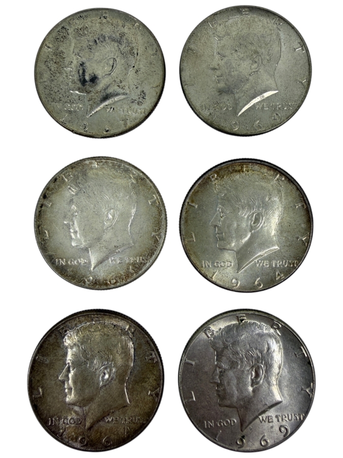 (6) Kennedy Silver Half Dollars: (3) 1964, (1) 1967 And (2) 1969