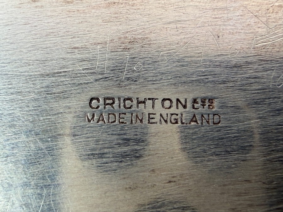 Antique Sterling Silver Crichton Ltd English Tray Platter With Handles And Engraved Family Crest / Coat Of Arms And Latin Motto 'Corona Mea Christus' ('Christ Is My Crown') 16.5' X 10' 1,111.3g [$2,426 Silver Melt Value] [Photo 8]