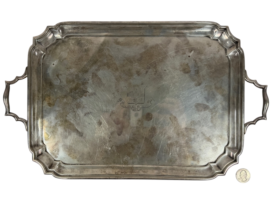 Antique Sterling Silver Crichton Ltd English Tray Platter With Handles And Engraved Family Crest / Coat Of Arms And Latin Motto 'Corona Mea Christus' ('Christ Is My Crown') 16.5' X 10' 1,111.3g [$2,426 Silver Melt Value]