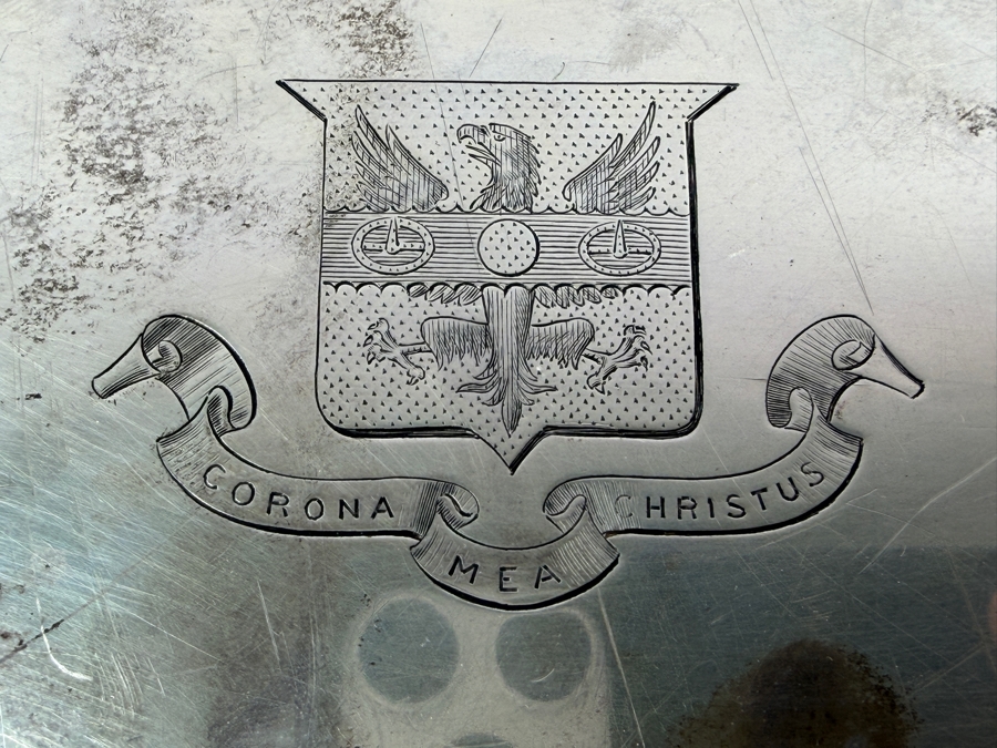 Antique Sterling Silver Crichton Ltd English Tray Platter With Handles And Engraved Family Crest / Coat Of Arms And Latin Motto 'Corona Mea Christus' ('Christ Is My Crown') 16.5' X 10' 1,111.3g [$2,426 Silver Melt Value] [Photo 5]