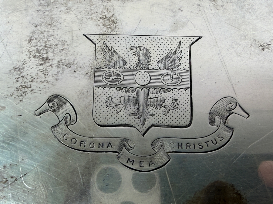Antique Sterling Silver Crichton Ltd English Tray Platter With Handles And Engraved Family Crest / Coat Of Arms And Latin Motto 'Corona Mea Christus' ('Christ Is My Crown') 16.5' X 10' 1,111.3g [$2,426 Silver Melt Value] [Photo 2]
