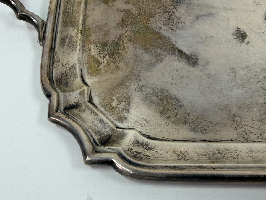 Antique Sterling Silver Crichton Ltd English Tray Platter With Handles And Engraved Family Crest / Coat Of Arms And Latin Motto 'Corona Mea Christus' ('Christ Is My Crown') 16.5' X 10' 1,111.3g [$2,426 Silver Melt Value] [Photo 6]