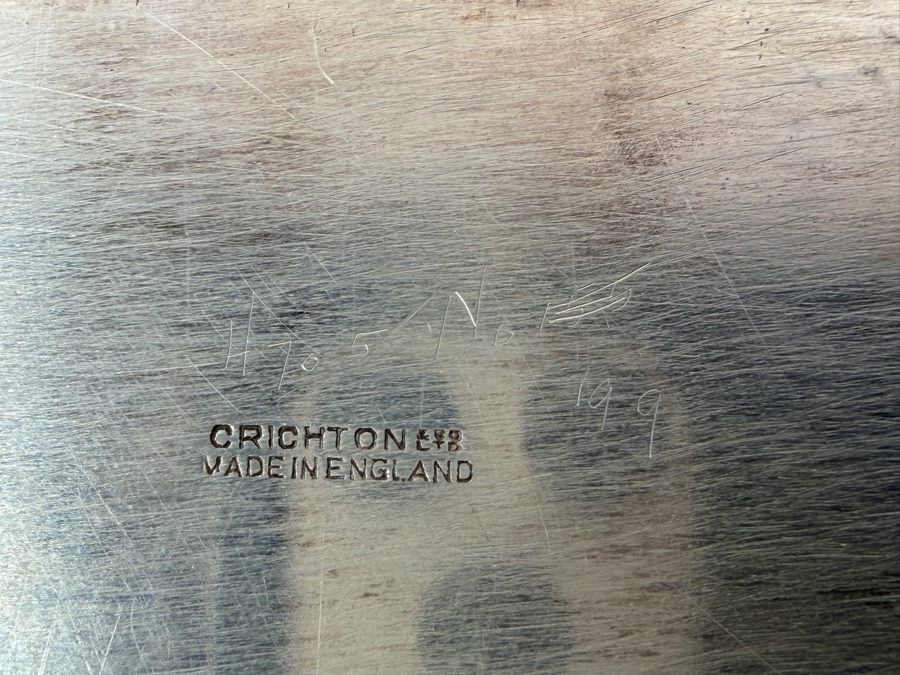 Antique Sterling Silver Crichton Ltd English Tray Platter With Handles And Engraved Family Crest / Coat Of Arms And Latin Motto 'Corona Mea Christus' ('Christ Is My Crown') 16.5' X 10' 1,111.3g [$2,426 Silver Melt Value] [Photo 10]