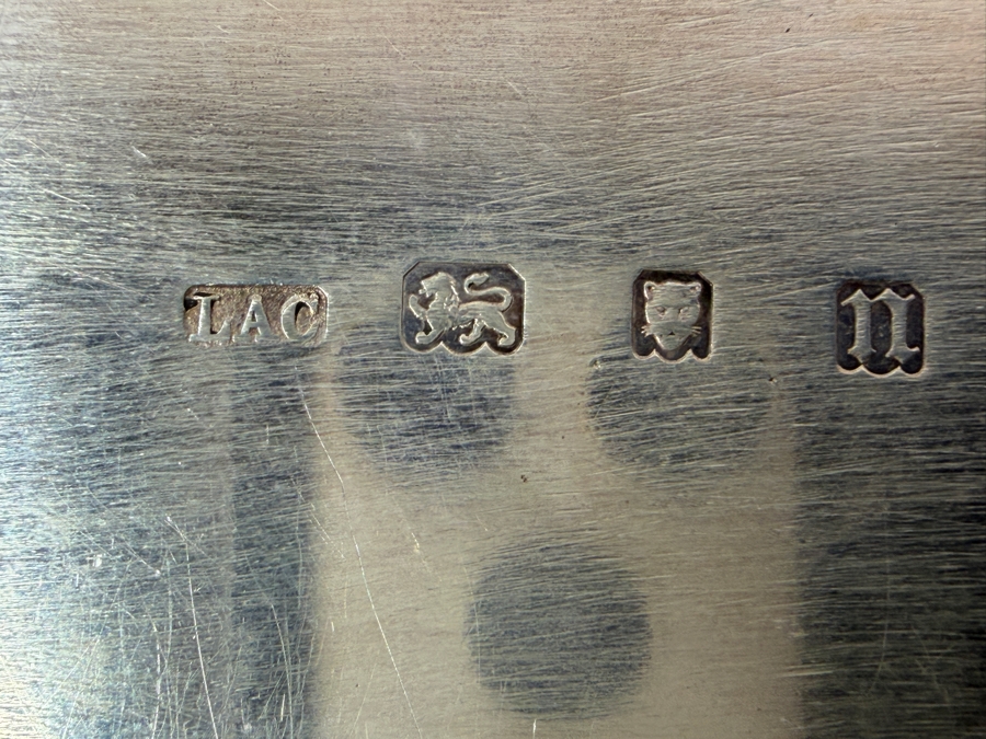 Antique Sterling Silver Crichton Ltd English Tray Platter With Handles And Engraved Family Crest / Coat Of Arms And Latin Motto 'Corona Mea Christus' ('Christ Is My Crown') 16.5' X 10' 1,111.3g [$2,426 Silver Melt Value] [Photo 11]