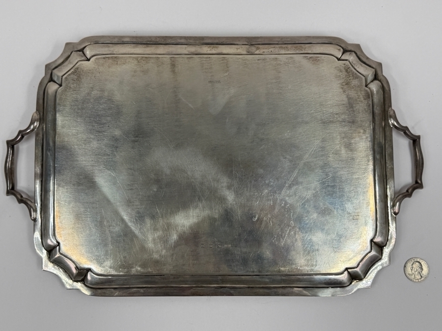 Antique Sterling Silver Crichton Ltd English Tray Platter With Handles And Engraved Family Crest / Coat Of Arms And Latin Motto 'Corona Mea Christus' ('Christ Is My Crown') 16.5' X 10' 1,111.3g [$2,426 Silver Melt Value] [Photo 7]