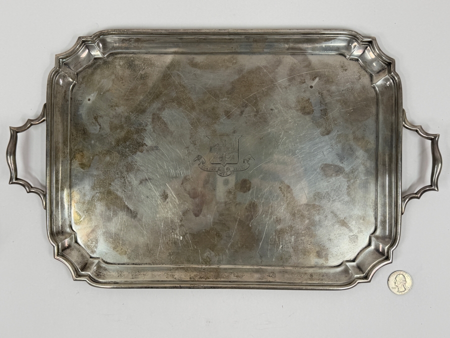 Antique Sterling Silver Crichton Ltd English Tray Platter With Handles And Engraved Family Crest / Coat Of Arms And Latin Motto 'Corona Mea Christus' ('Christ Is My Crown') 16.5' X 10' 1,111.3g [$2,426 Silver Melt Value] [Photo 3]