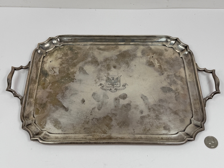 Antique Sterling Silver Crichton Ltd English Tray Platter With Handles And Engraved Family Crest / Coat Of Arms And Latin Motto 'Corona Mea Christus' ('Christ Is My Crown') 16.5' X 10' 1,111.3g [$2,426 Silver Melt Value] [Photo 4]