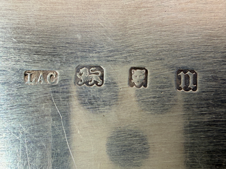 Antique Sterling Silver Crichton Ltd English Tray Platter With Handles And Engraved Family Crest / Coat Of Arms And Latin Motto 'Corona Mea Christus' ('Christ Is My Crown') 16.5' X 10' 1,111.3g [$2,426 Silver Melt Value] [Photo 12]