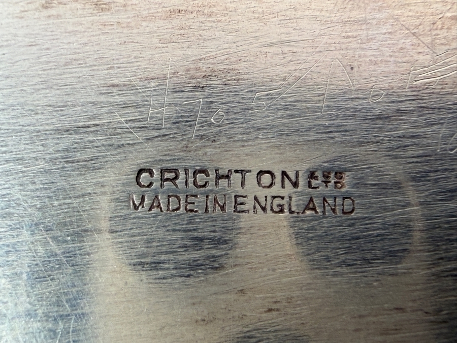Antique Sterling Silver Crichton Ltd English Tray Platter With Handles And Engraved Family Crest / Coat Of Arms And Latin Motto 'Corona Mea Christus' ('Christ Is My Crown') 16.5' X 10' 1,111.3g [$2,426 Silver Melt Value] [Photo 9]