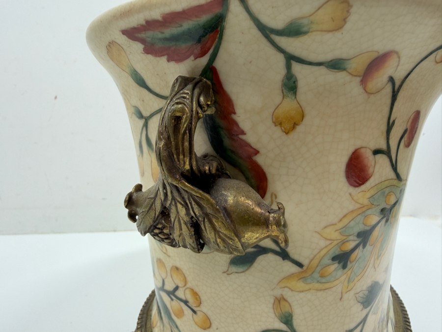 French Chinoiserie Porcelain Oval Pot with Brass Ormolu Accents Floral 10W X 6.5D X 7.25H [Photo 5]