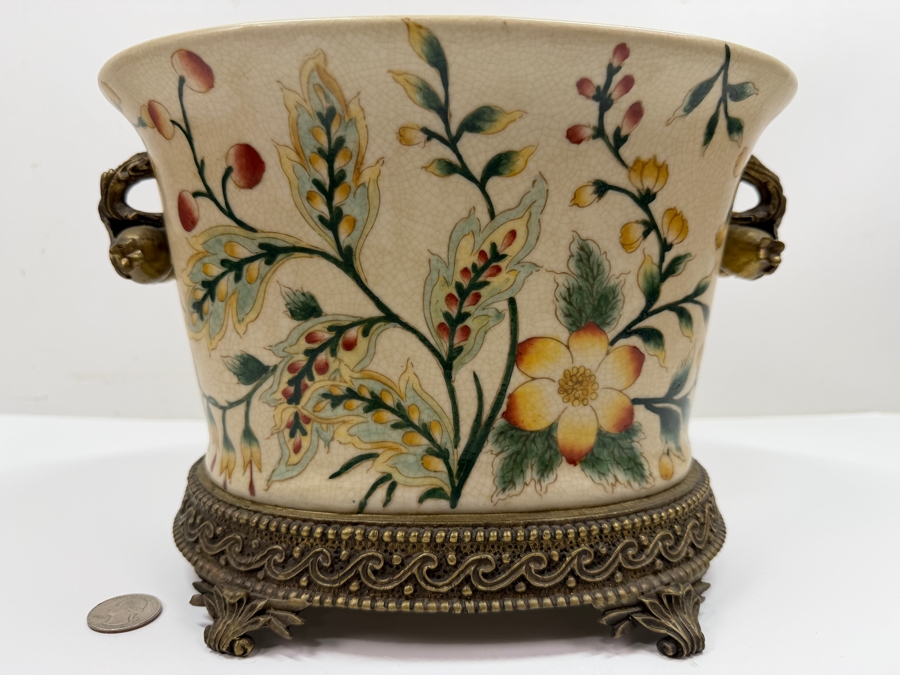 French Chinoiserie Porcelain Oval Pot with Brass Ormolu Accents Floral 10W X 6.5D X 7.25H [Photo 3]