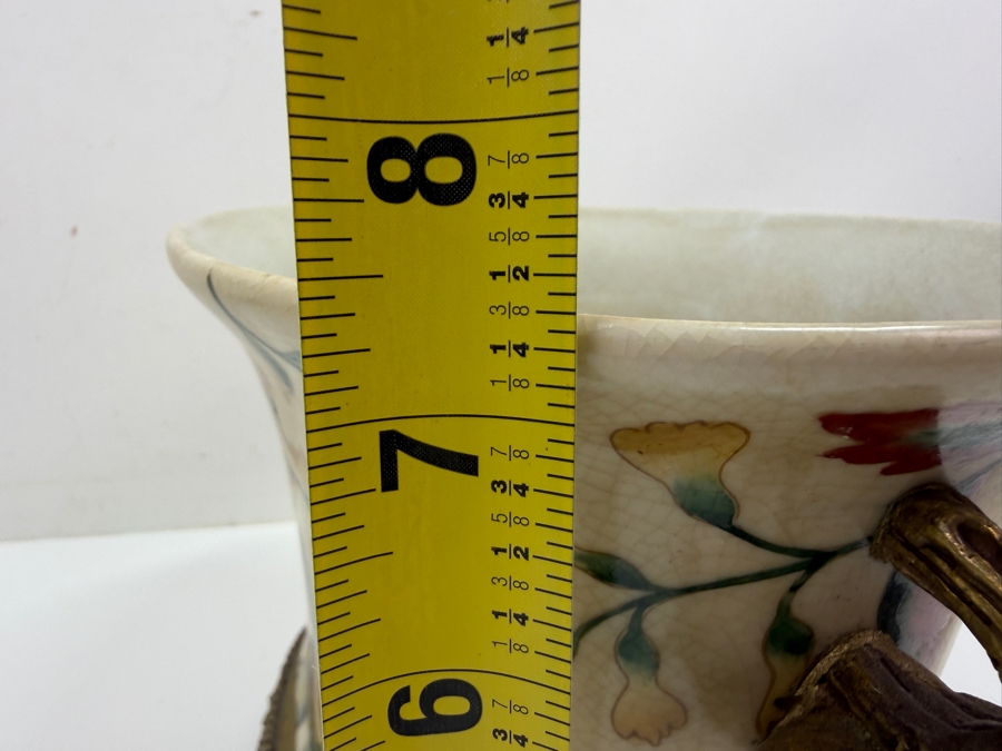 French Chinoiserie Porcelain Oval Pot with Brass Ormolu Accents Floral 10W X 6.5D X 7.25H [Photo 10]