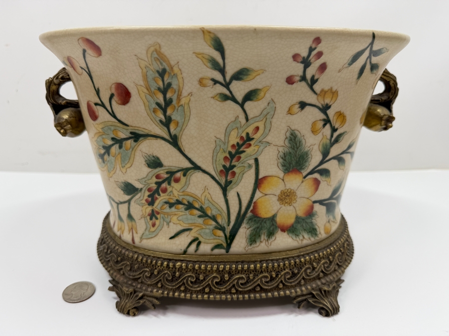 French Chinoiserie Porcelain Oval Pot with Brass Ormolu Accents Floral 10W X 6.5D X 7.25H [Photo 2]