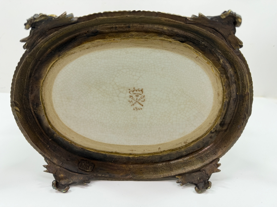 French Chinoiserie Porcelain Oval Pot with Brass Ormolu Accents Floral 10W X 6.5D X 7.25H [Photo 7]