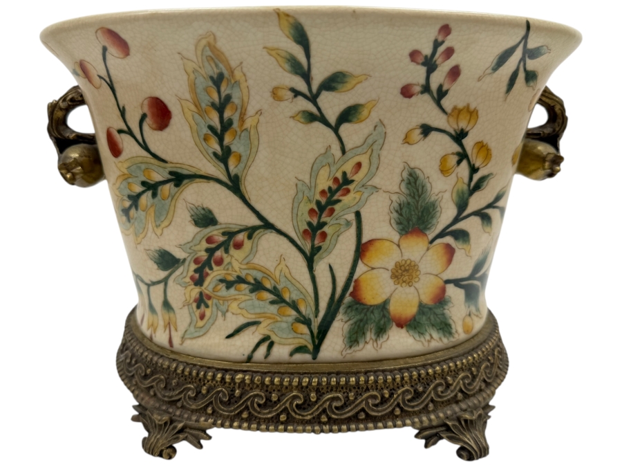 French Chinoiserie Porcelain Oval Pot with Brass Ormolu Accents Floral 10W X 6.5D X 7.25H