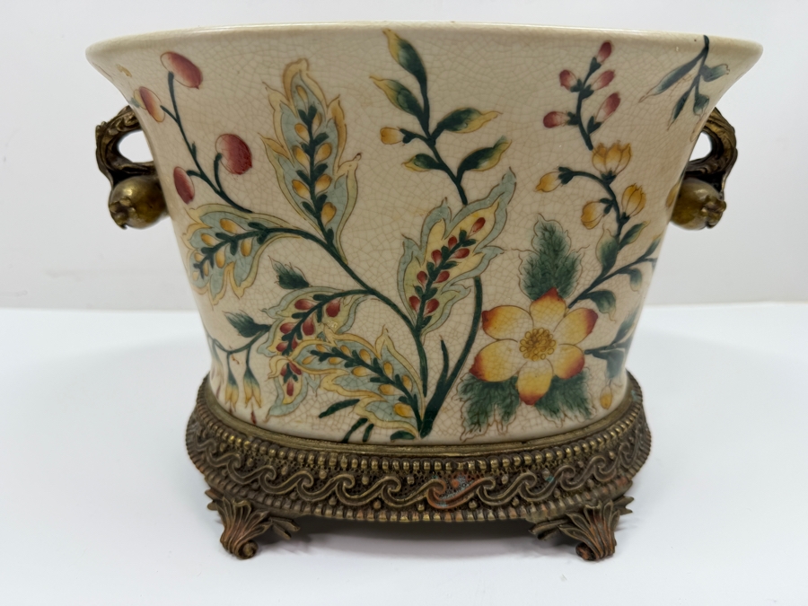 French Chinoiserie Porcelain Oval Pot with Brass Ormolu Accents Floral 10W X 6.5D X 7.25H [Photo 6]
