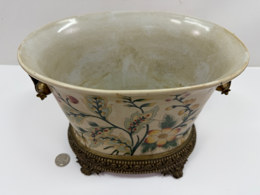 French Chinoiserie Porcelain Oval Pot with Brass Ormolu Accents Floral 10W X 6.5D X 7.25H [Photo 4]