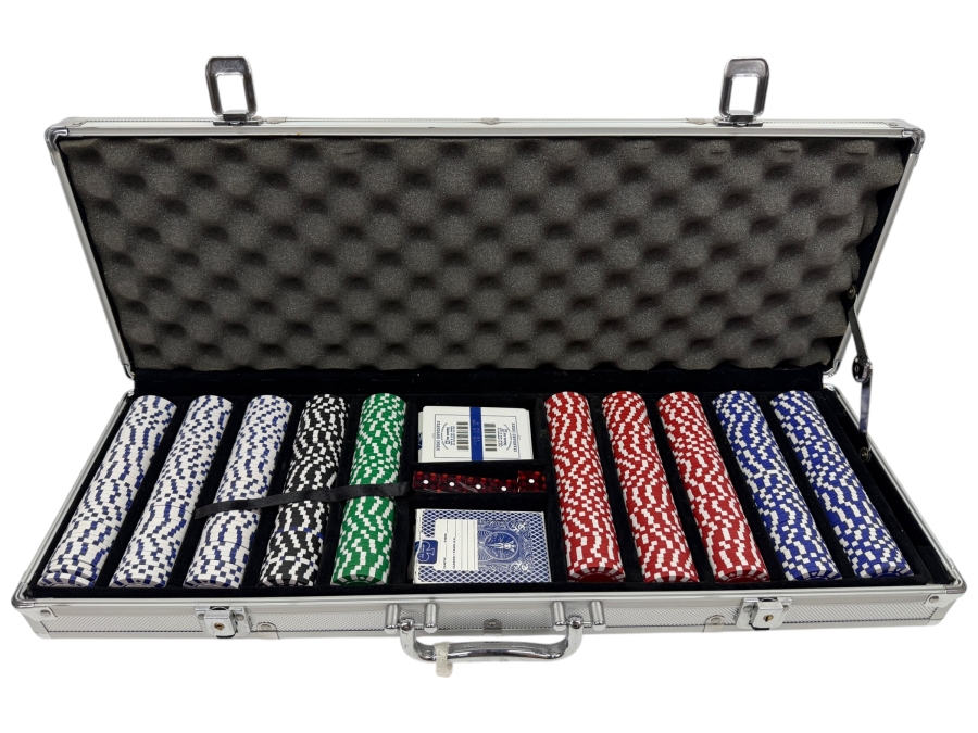 Poker Chip Set With 2 Playing Card Packs And Dice Cased In An Aluminum Carrying Case 24W X 9.5D X 3H