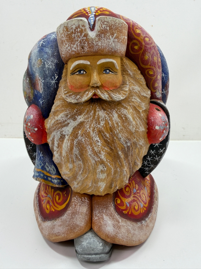 Vintage Russian Signed Hand Painted Carved Wooden Santa Figurine 6W X 7D X 8.5H [Photo 2]