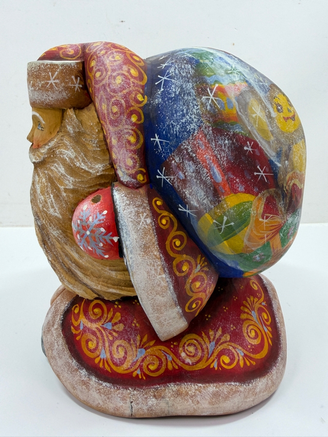Vintage Russian Signed Hand Painted Carved Wooden Santa Figurine 6W X 7D X 8.5H [Photo 3]