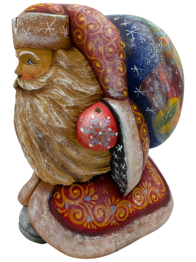 Vintage Russian Signed Hand Painted Carved Wooden Santa Figurine 6W X 7D X 8.5H