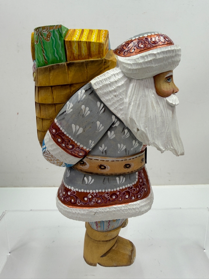 Vintage Russian Hand Painted Carved Wooden Santa Figurine 9H (RSF) [Photo 3]