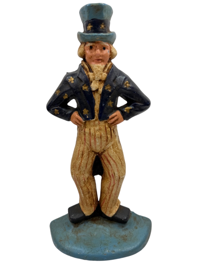 Cast Iron Hand Painted Uncle Sam Figural Doorstop 9.25'H
