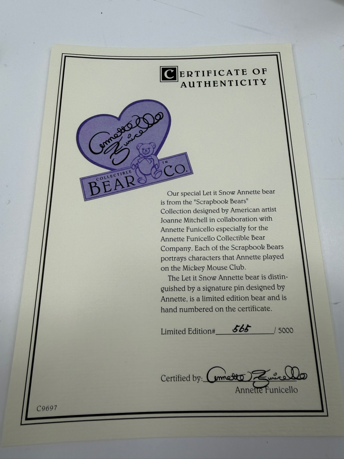 Limited Edition Annette Funicello Collectible Bear 'Let It Snow Annette Bear' With COA And Original Box Numbered 565 Of 5,000 16'H (RSF) [Photo 4]