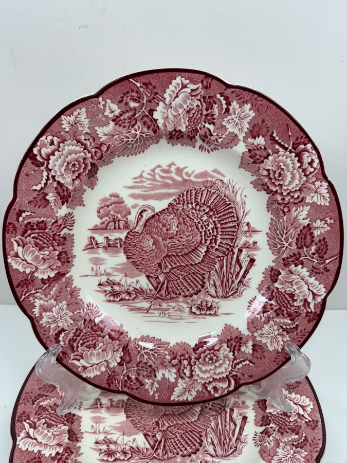 (4) Vintage Woods Burslem England Red Transferware Turkey Dinner Plates 10.75'W (RSF) [Photo 2]